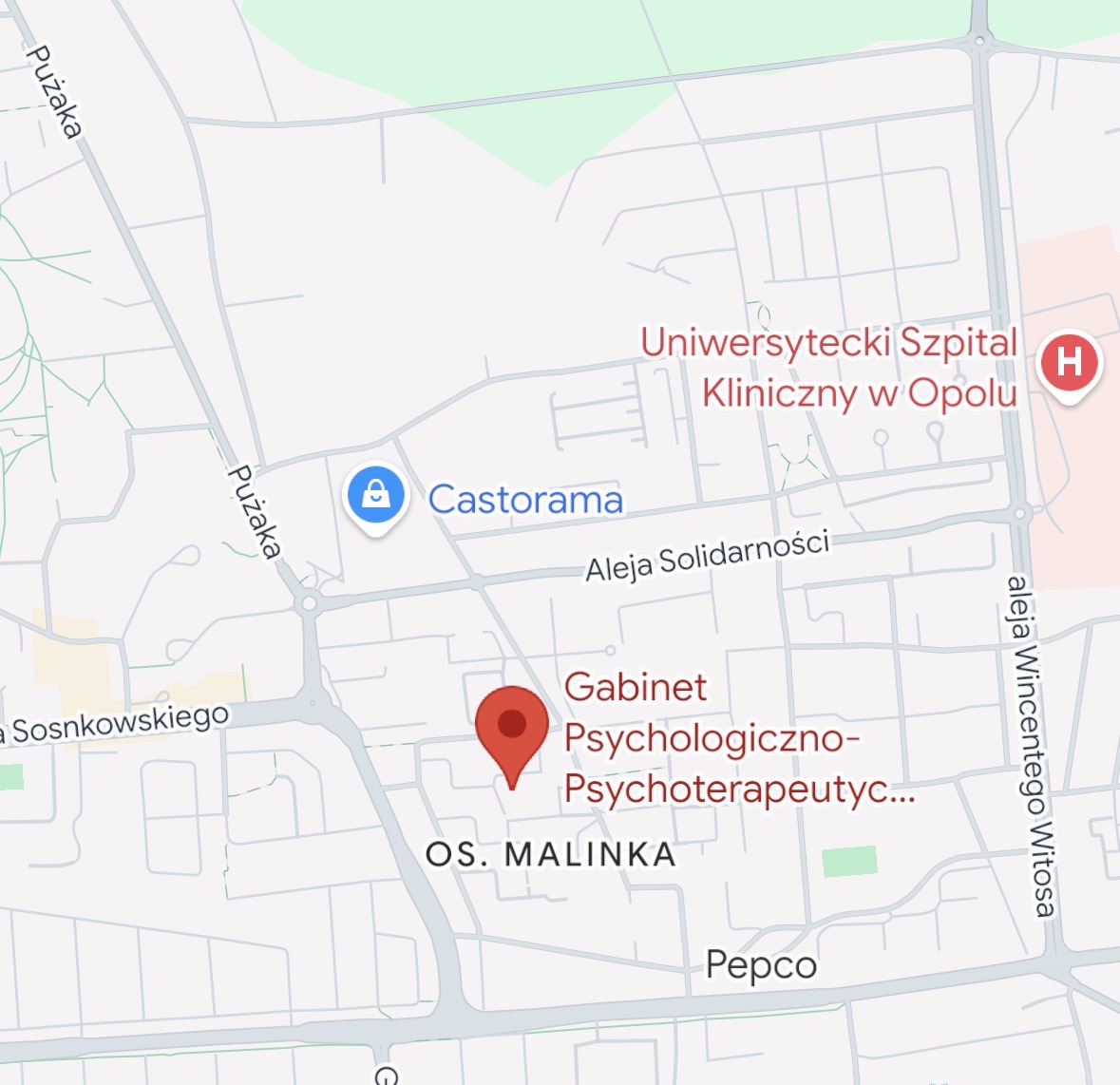 Mapa okolicy gabinetu przy ulicy Piotrkowskiej 11 w Opolu